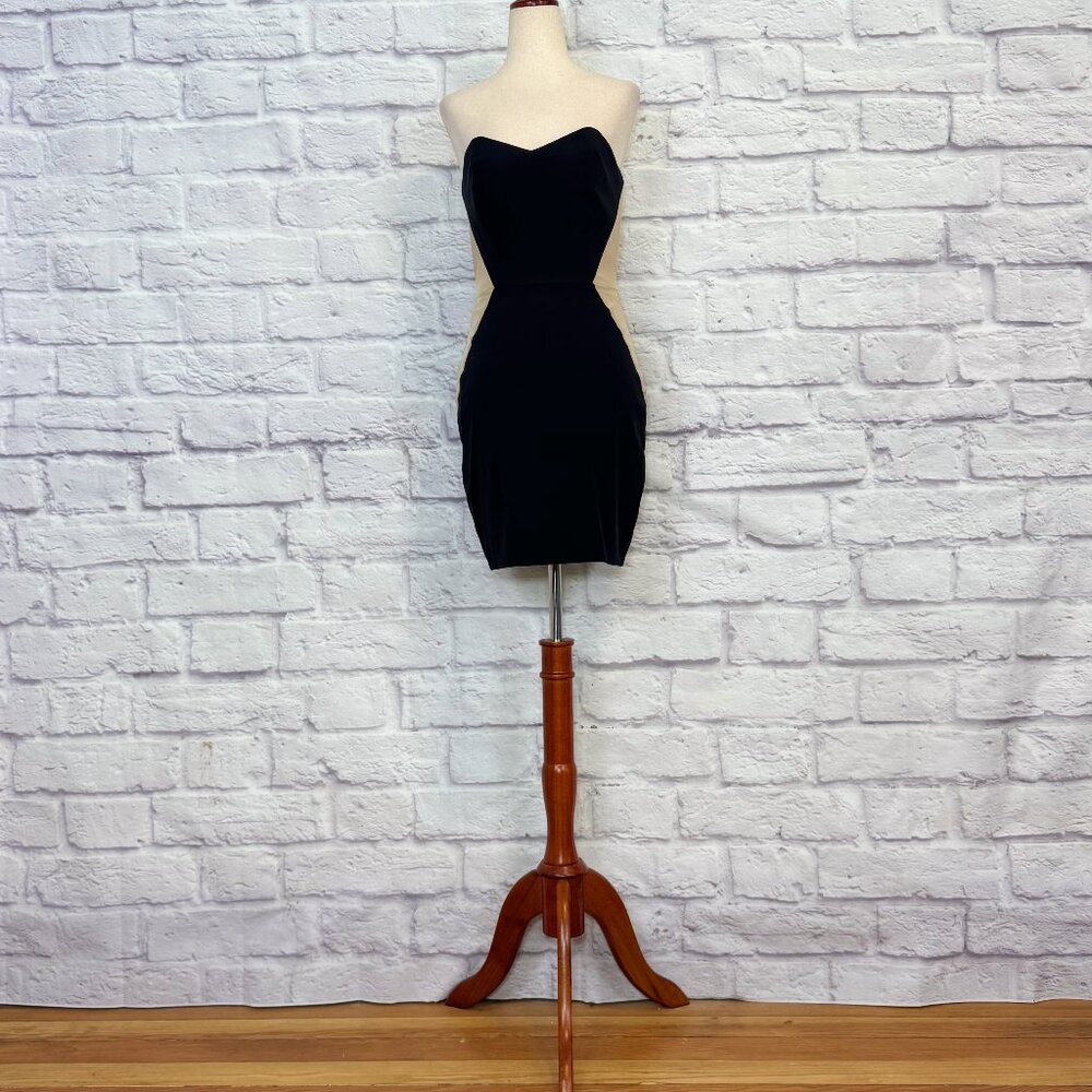 Kimberly Taylor Black & Beige Silk Silhouette Illusion Strapless Cocktail Dress